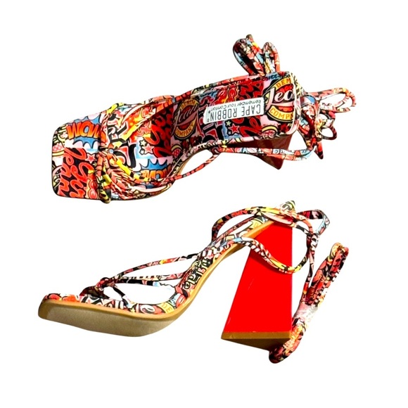 Cape Robbin Multicolor Graphic Heels Colorful Lace Up Size 7 Ankle Tie - Picture 2 of 8